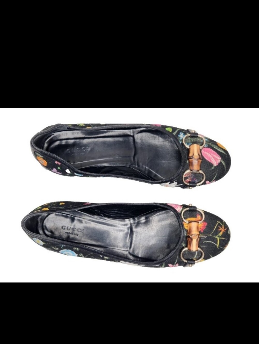 Gucci Floral Flats Horse-bit Leather Fabric Black Shoes Bamboo Detail Italy9.5 B - Picture 2 of 15